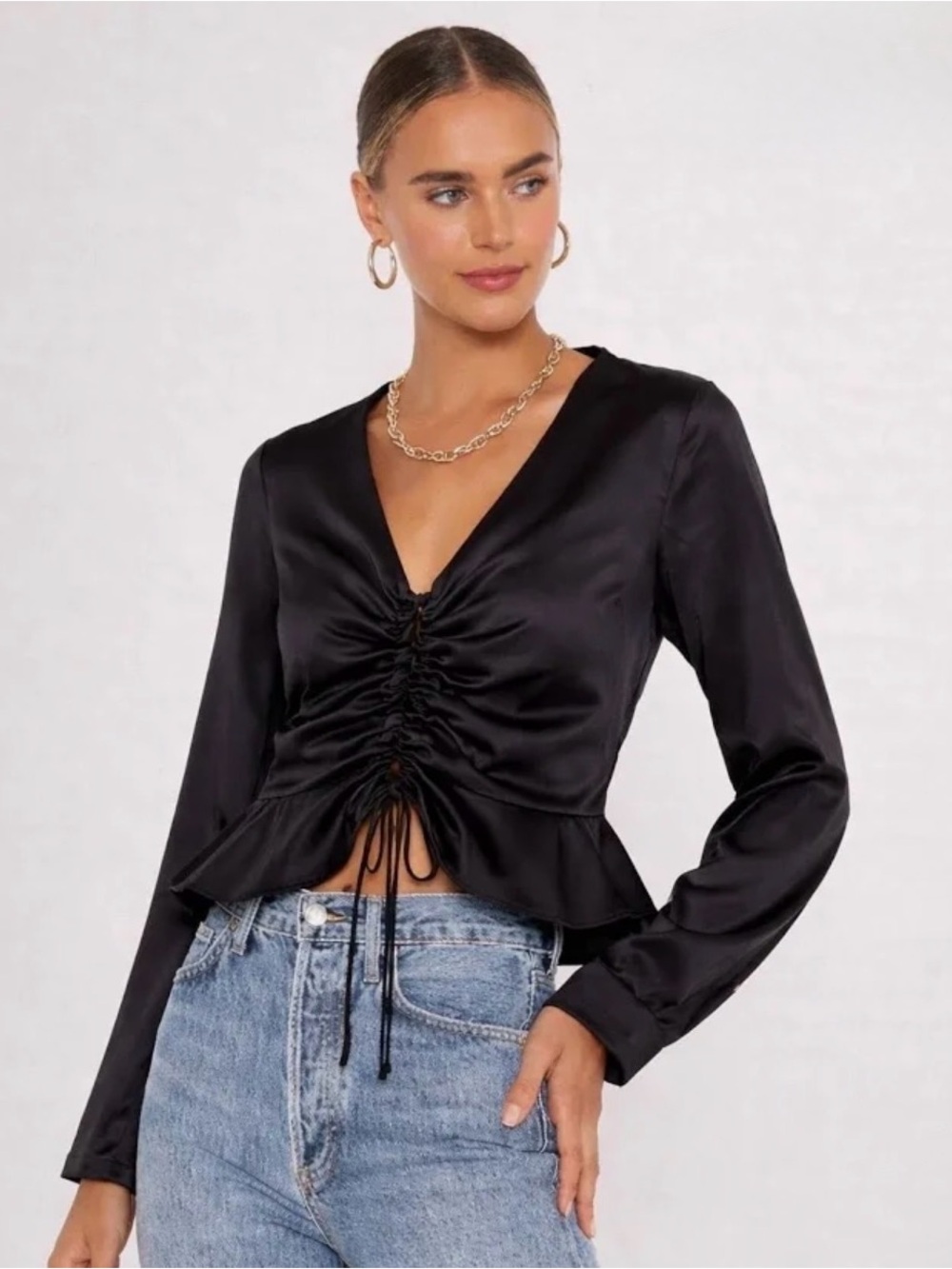 L'Academie | Black V-Neck Button Down Blouse, M